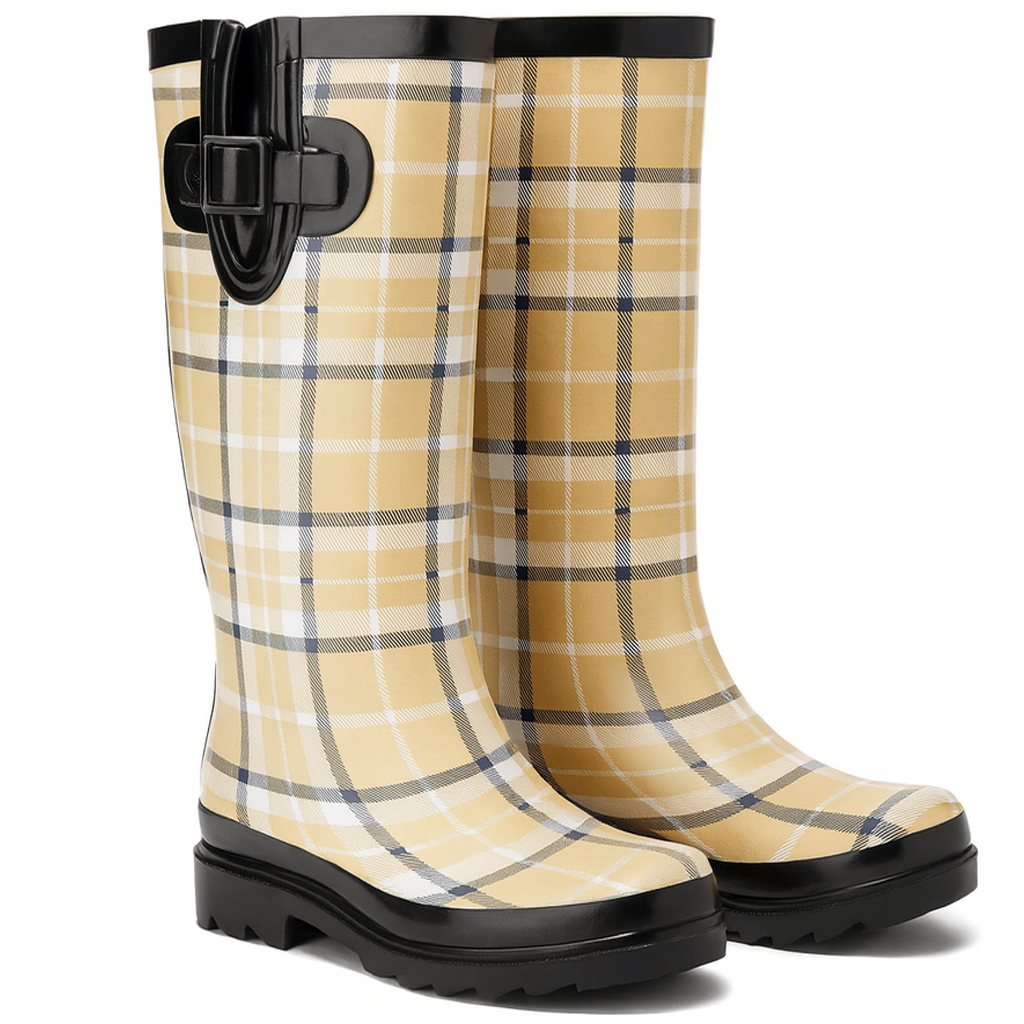 Beige Plaid Rain Boots