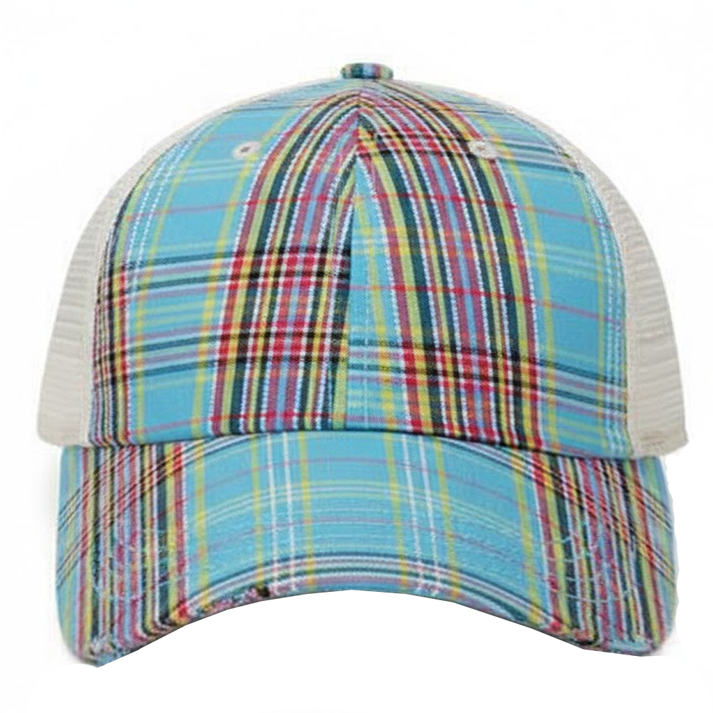 Blue plaid cap with a white mesh back on a white background
