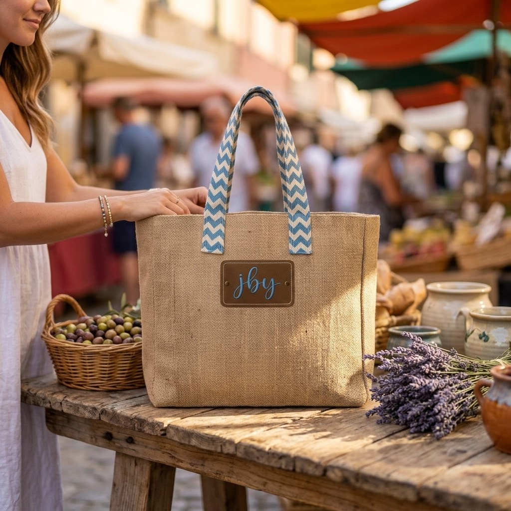 Reversible Burlap Chevron Tote Bag