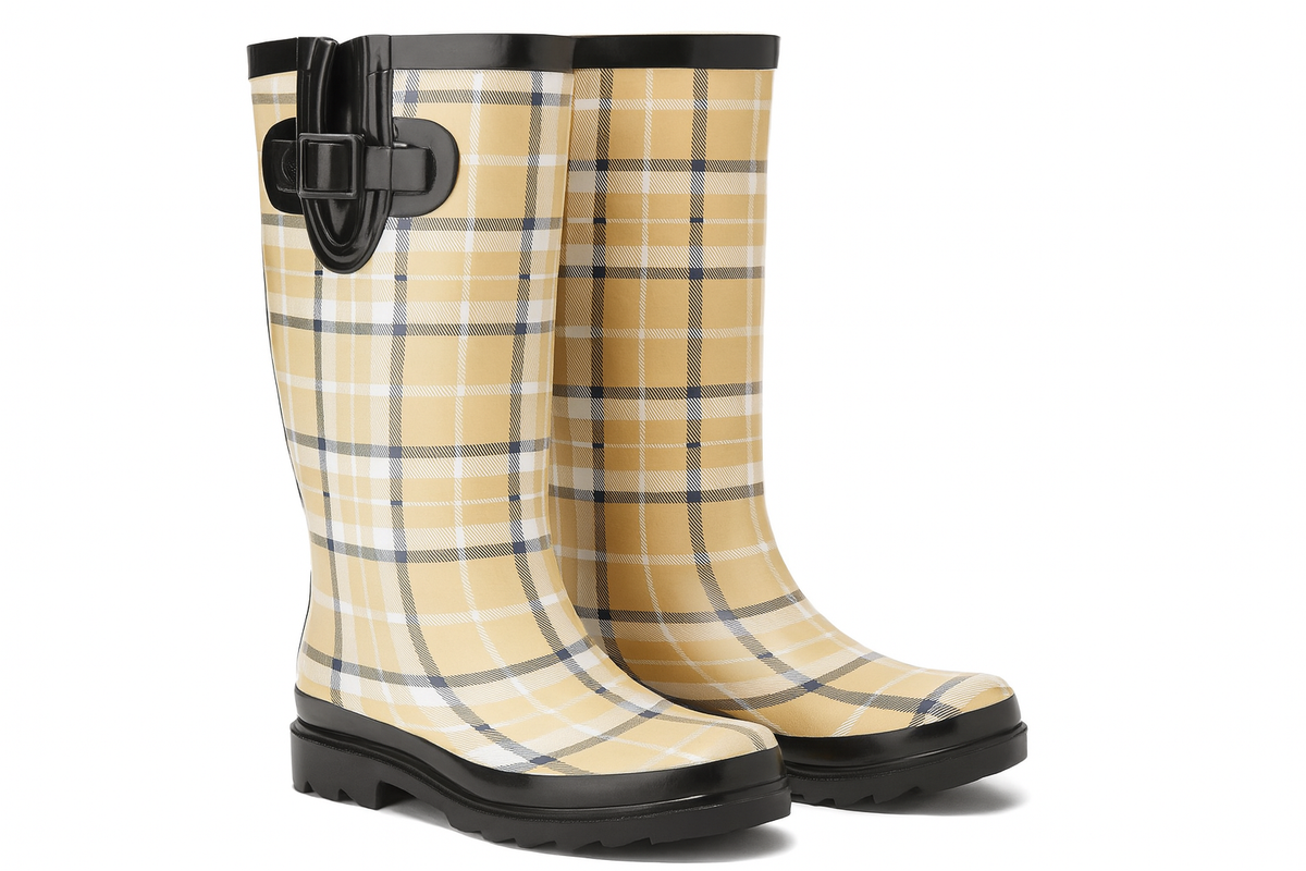 Beige Plaid Rain Boots