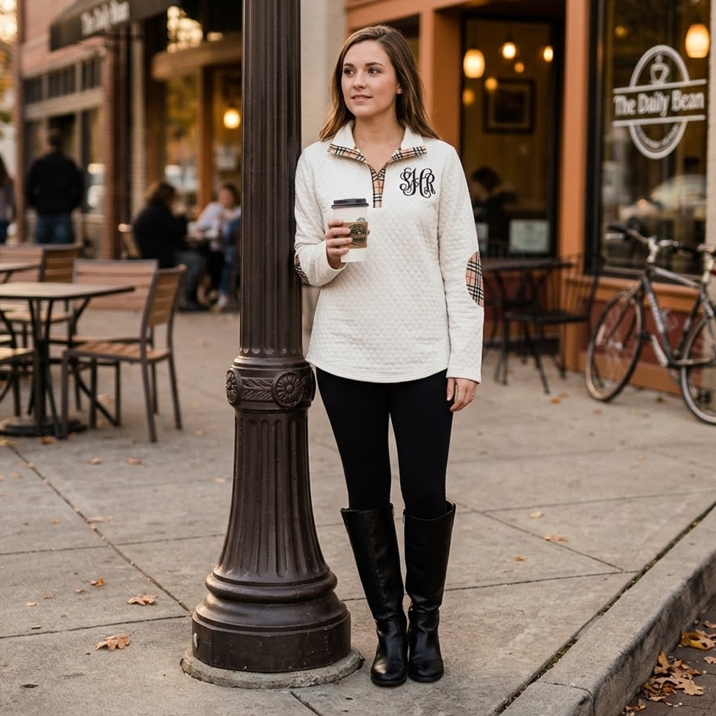Ivory Quilted Elbow Patch Sweatshirt