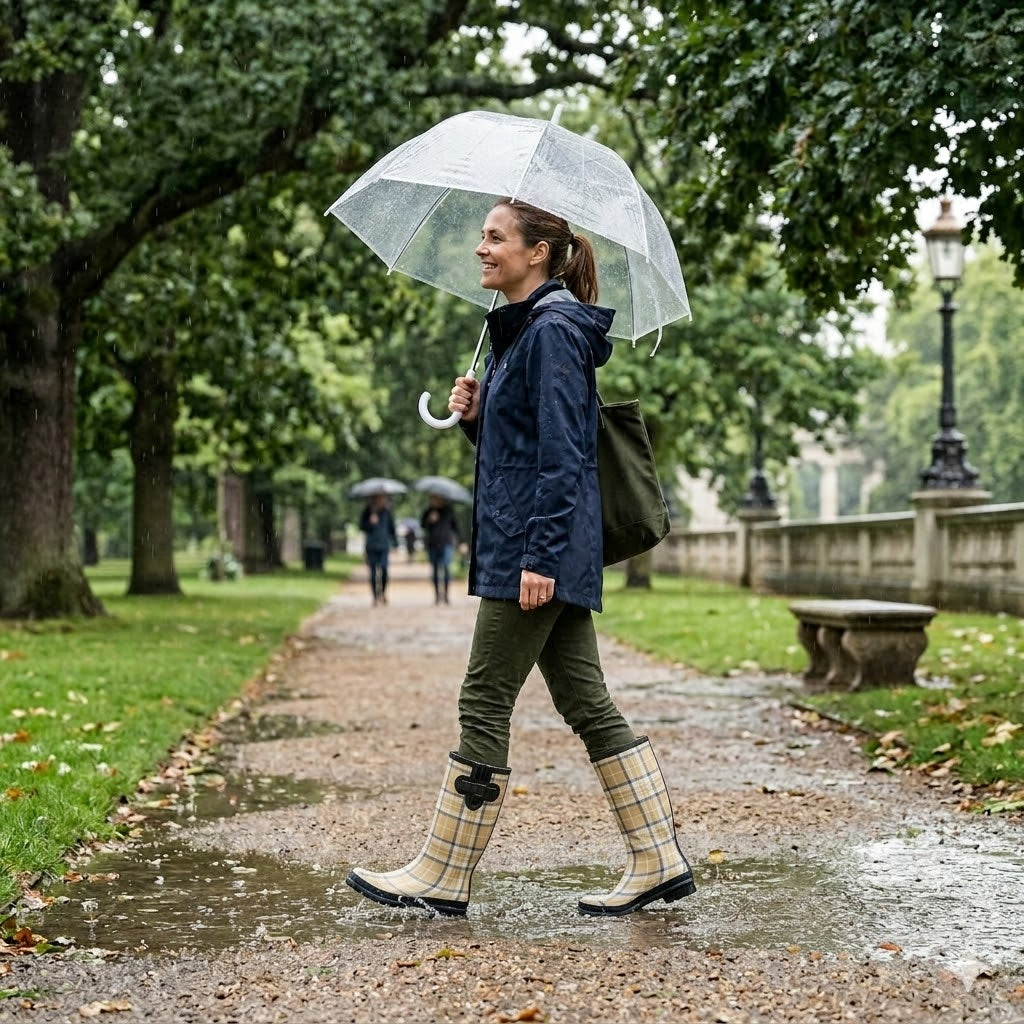 Beige Plaid Rain Boots