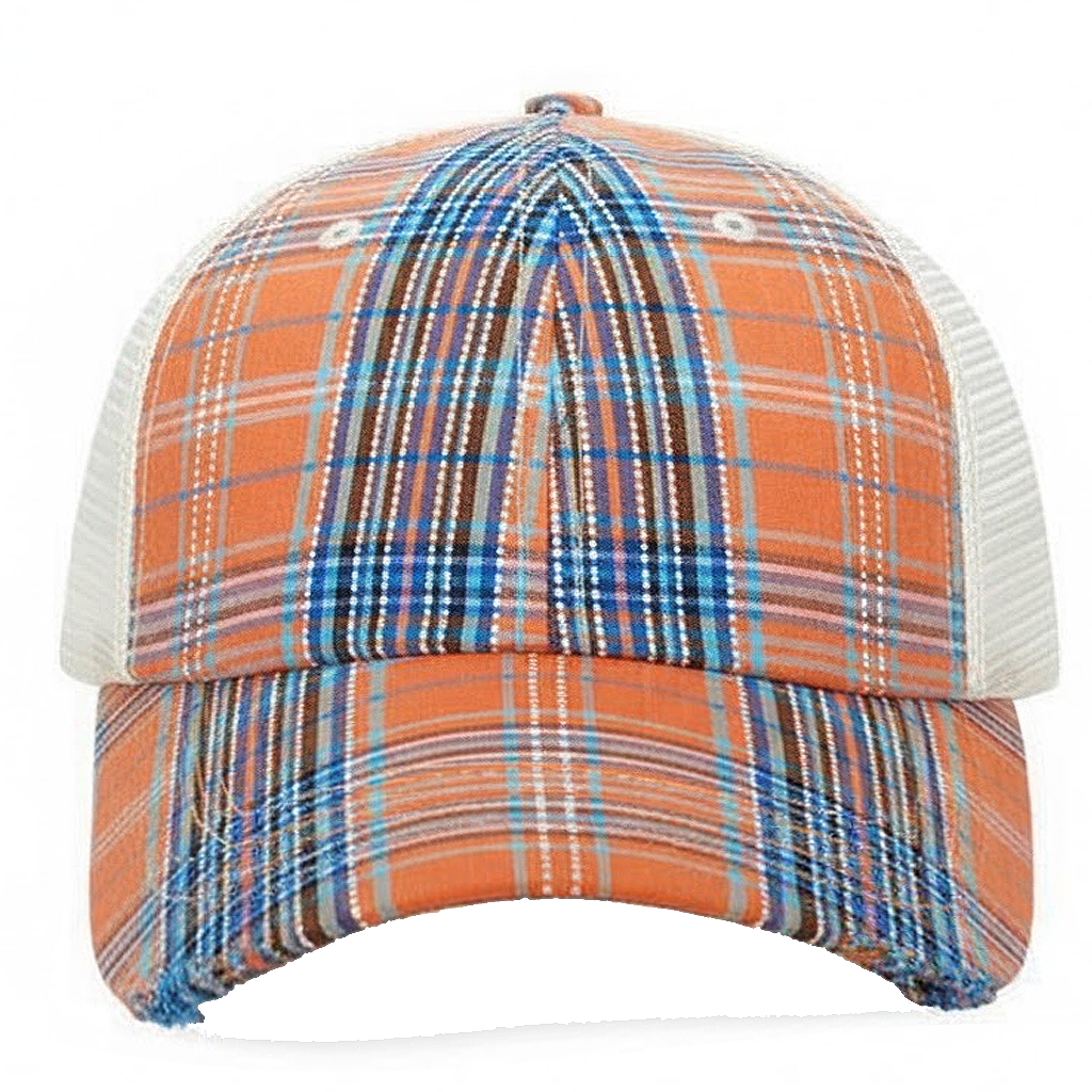 Plaid patterned cap with orange, blue, and white colors on a white background