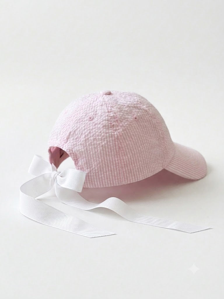 Seersucker Baseball Hat w/Ribbon Tie