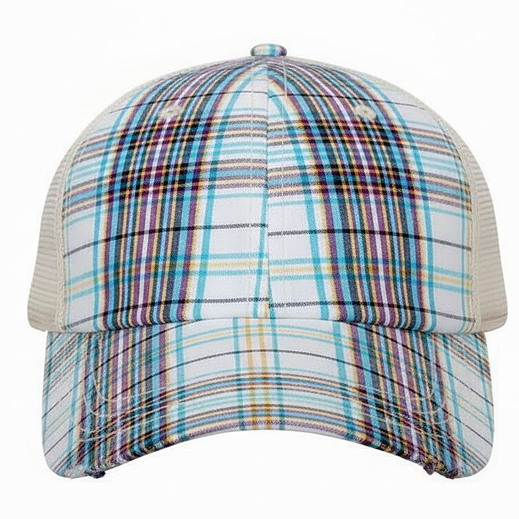 Plaid patterned cap with a white mesh back on a white background