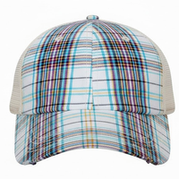 Plaid patterned cap with a white mesh back on a white background