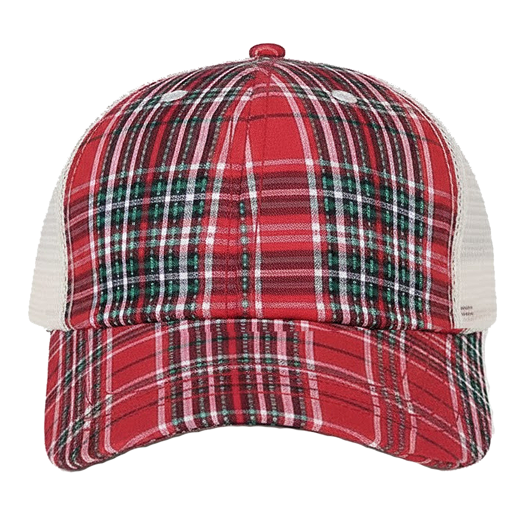 Red and green plaid cap with white mesh back on a white background