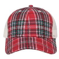 Red and green plaid cap with white mesh back on a white background