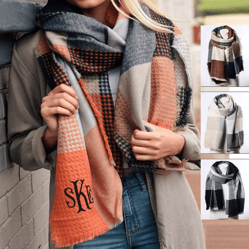 Plaid Colorblock Waffle Fringe Scarf