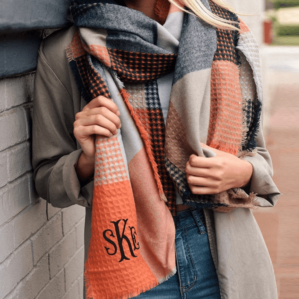 Waffle Plaid Fringe Trim Scarf