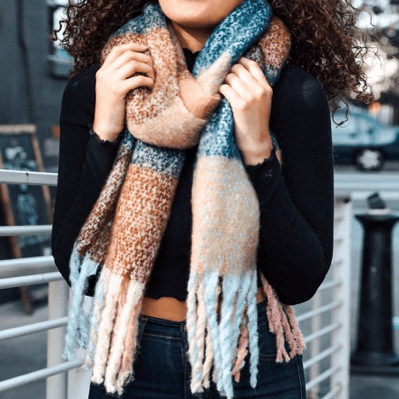 Oversize Color Block Tassel Trim Scarf