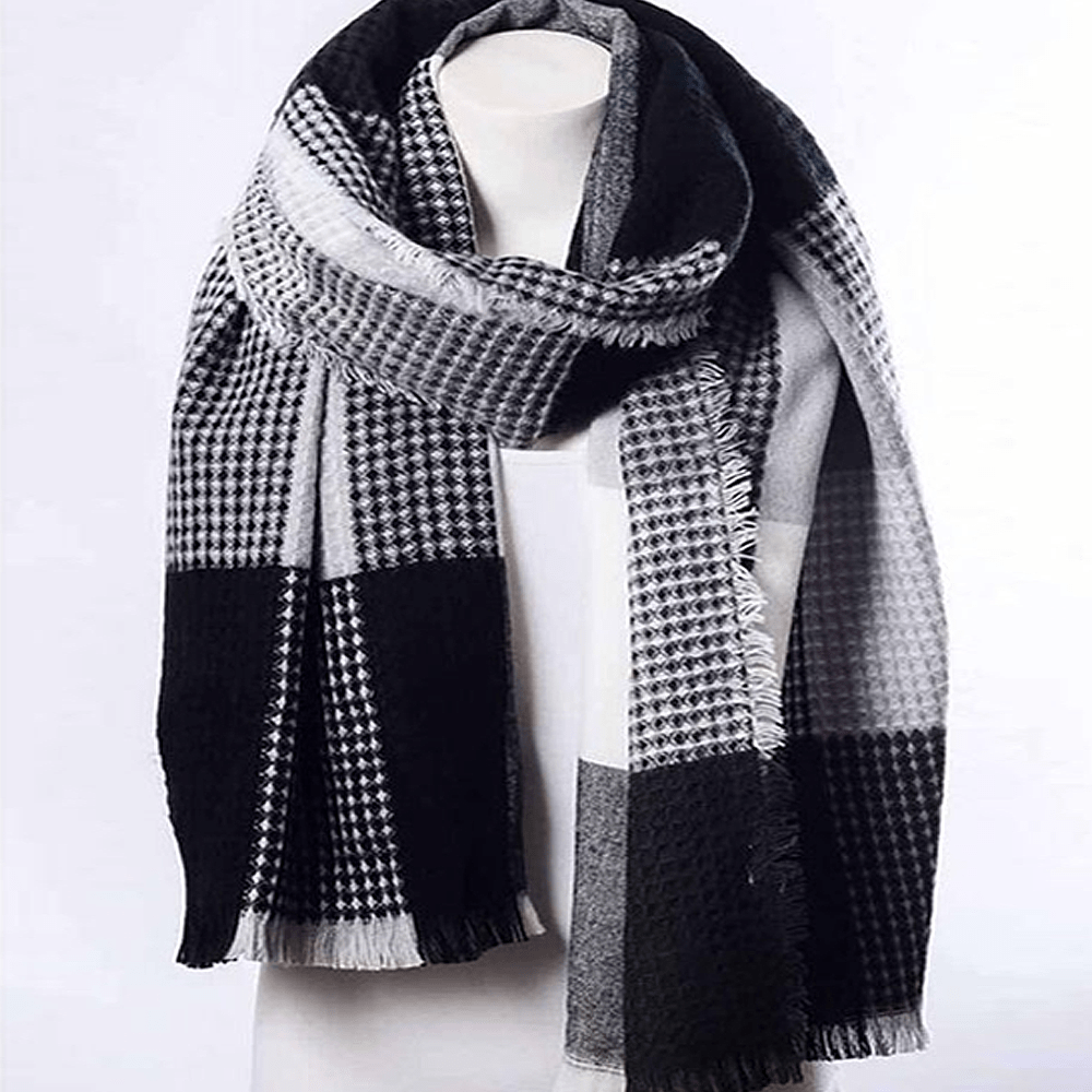 Waffle Plaid Fringe Trim Scarf