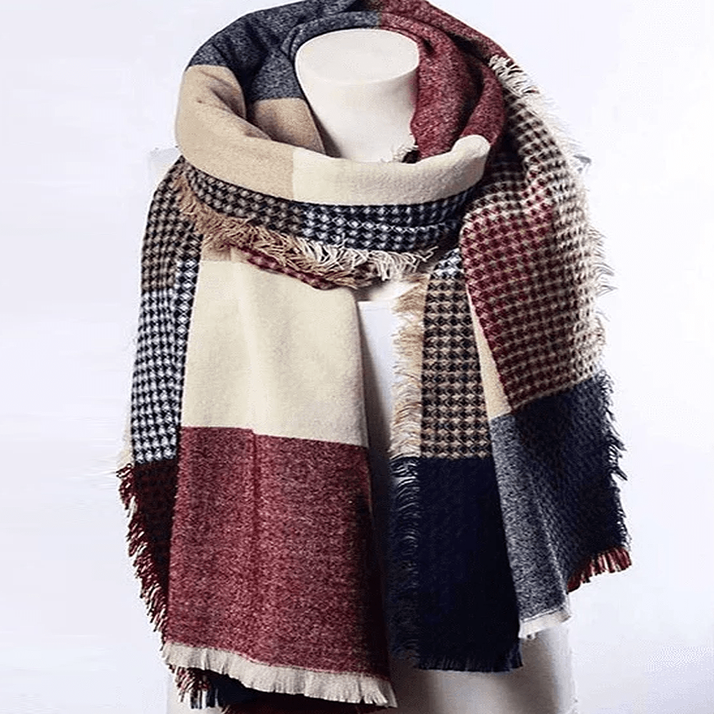 Waffle Plaid Fringe Trim Scarf