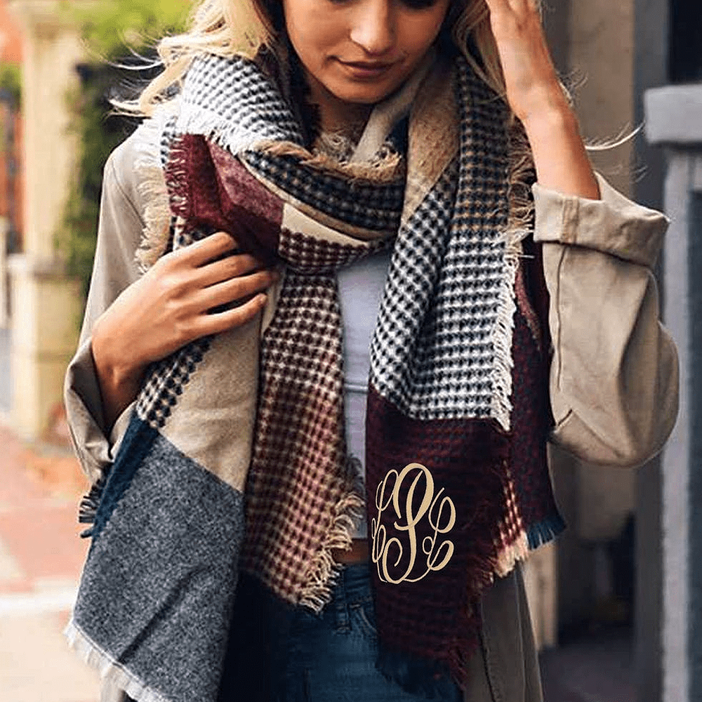 Waffle Plaid Fringe Trim Scarf