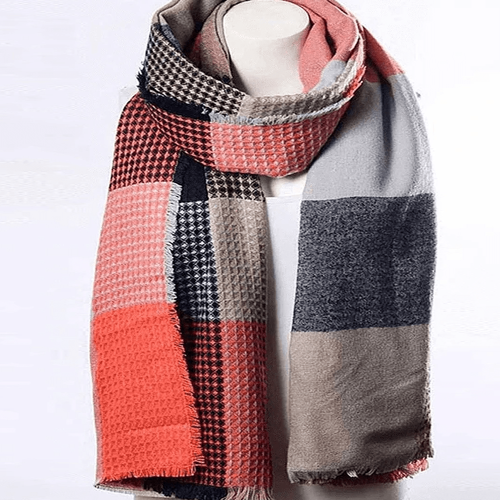 Waffle Plaid Fringe Trim Scarf