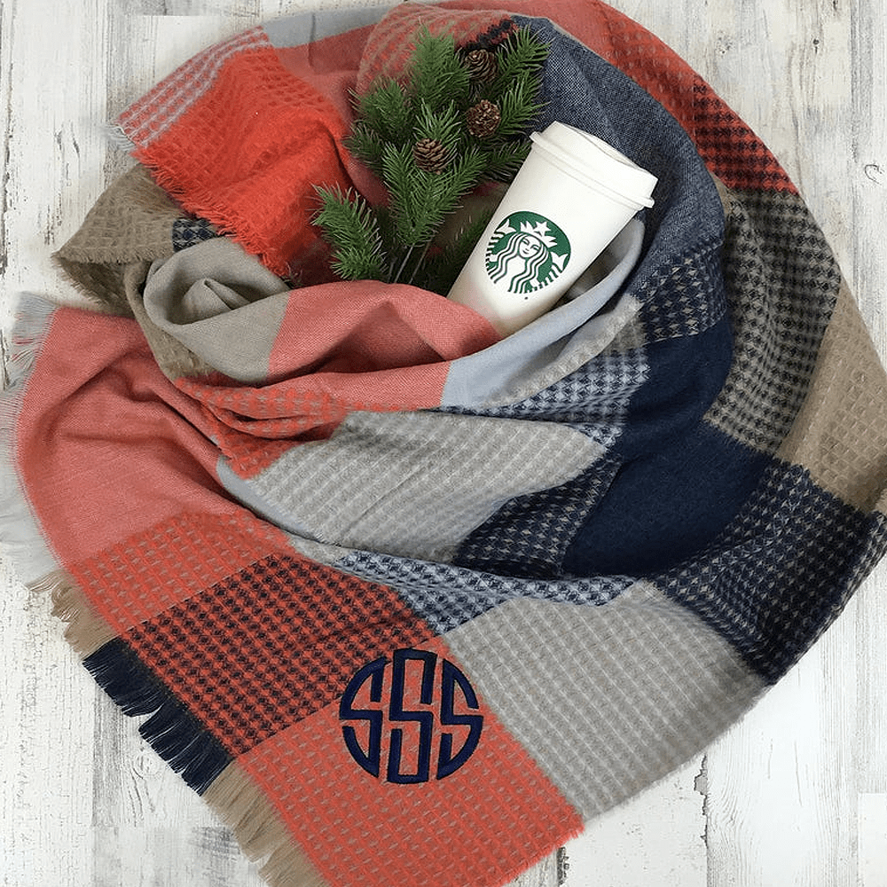 Waffle Plaid Fringe Trim Scarf